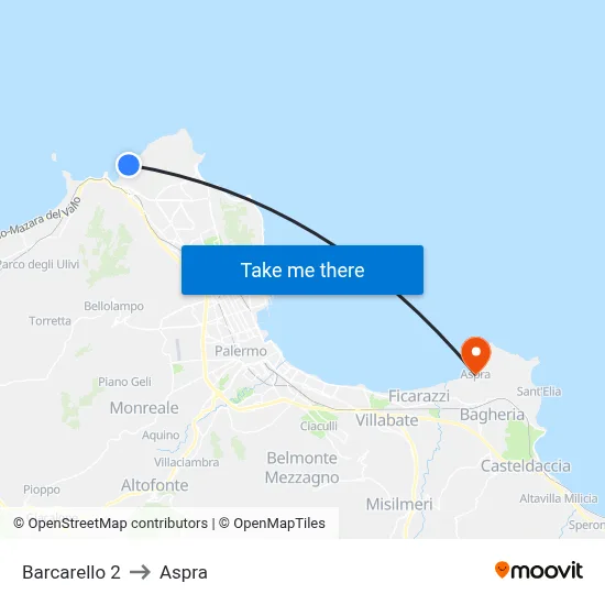 Barcarello 2 to Aspra map