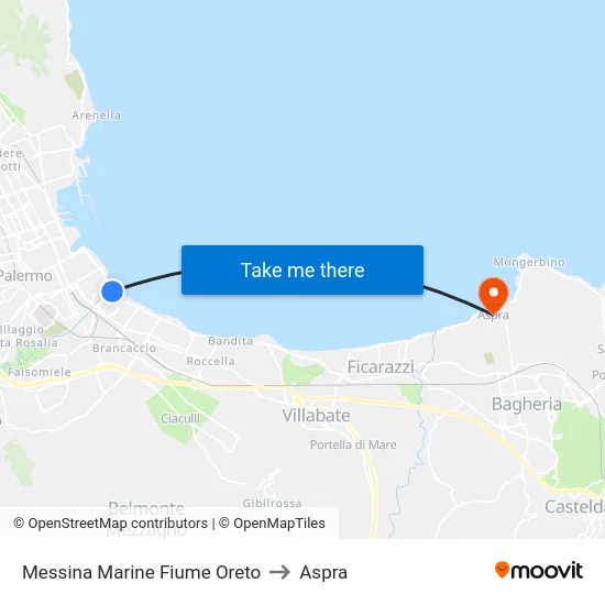 Messina Marine Fiume Oreto to Aspra map