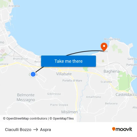 Ciaculli Bozzo to Aspra map