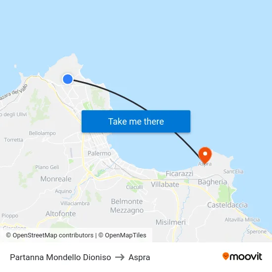 Partanna Mondello Dioniso to Aspra map