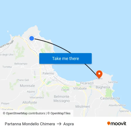 Partanna Mondello Chimera to Aspra map