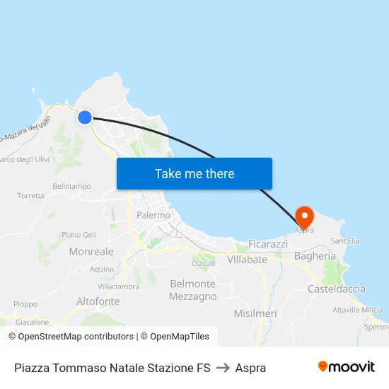 Piazza Tommaso Natale Stazione FS to Aspra map