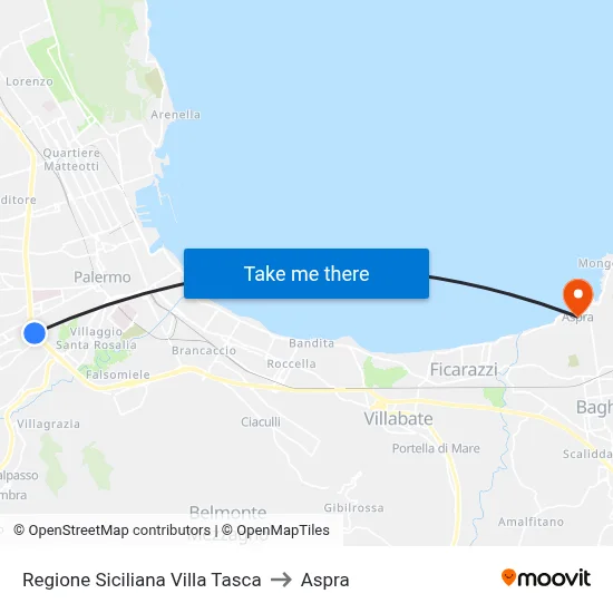 Sicily Region Villa Tasca to Aspra map