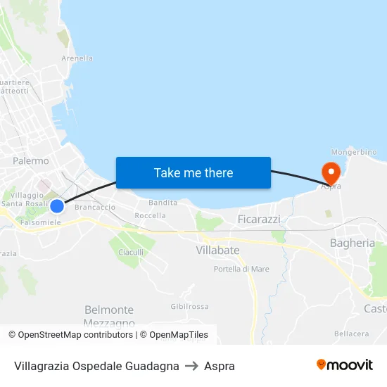 Villagrazia Ospedale Guadagna to Aspra map