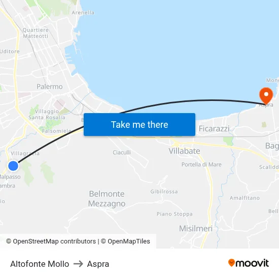 Altofonte Mollo to Aspra map