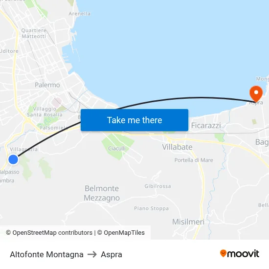 Altofonte Montagna to Aspra map