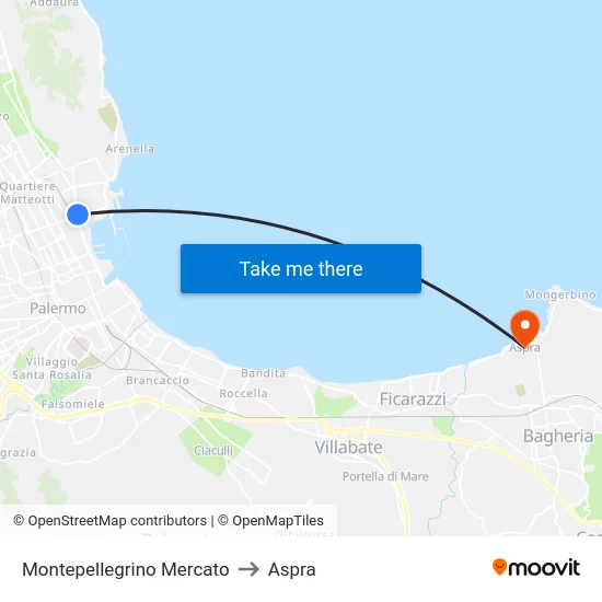Montepellegrino Mercato to Aspra map