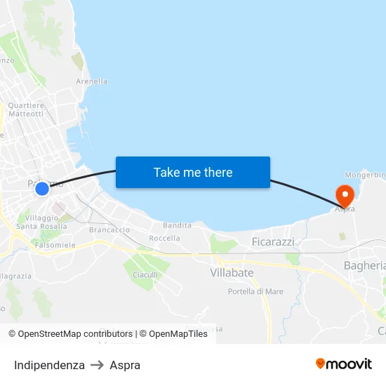 Indipendenza to Aspra map