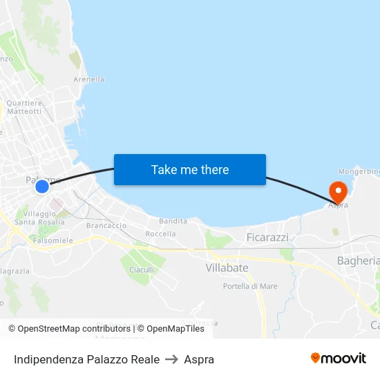 Indipendenza Palazzo Reale to Aspra map