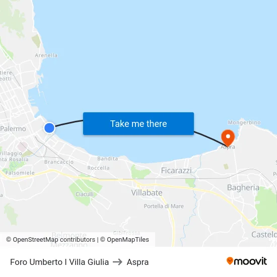 Foro Umberto I Villa Giulia to Aspra map