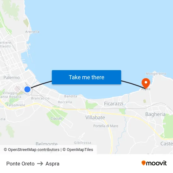 Ponte Oreto to Aspra map