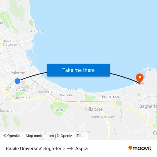 Basile Universita' Segreterie to Aspra map