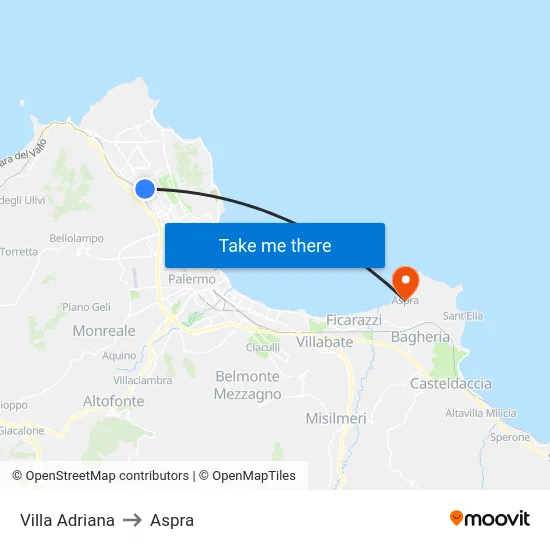Villa Adriana to Aspra map