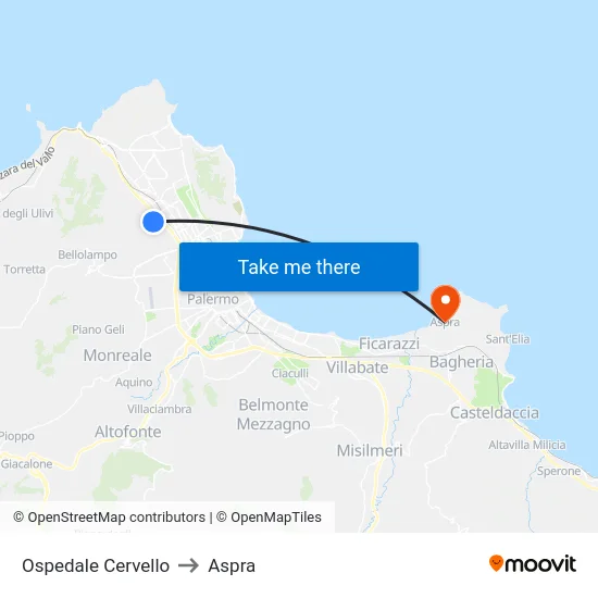 Ospedale Cervello to Aspra map