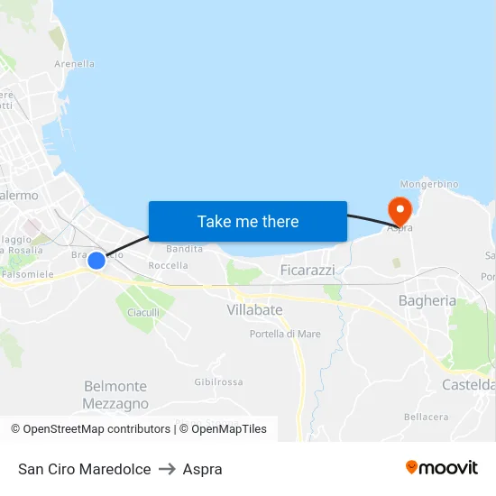 San Ciro Maredolce to Aspra map