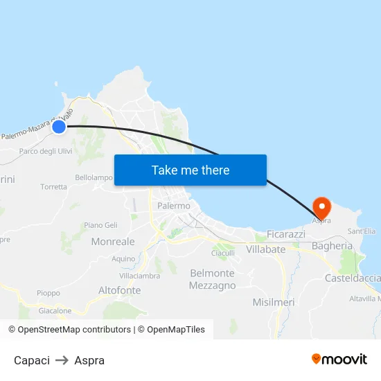 Capaci to Aspra map