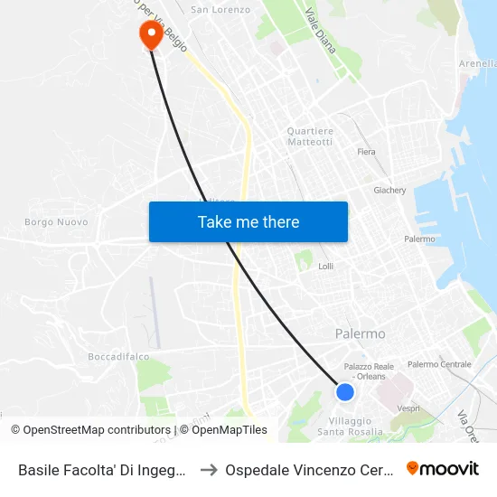 Basile Facolta' Di Ingegneria to Ospedale Vincenzo Cervello map