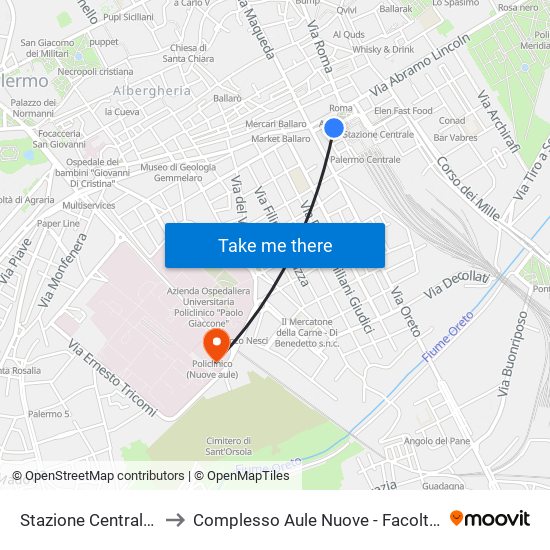 Stazione Centrale - Ardizzone 1 to Complesso Aule Nuove - Facoltà Di Medicina E Chirurgia map