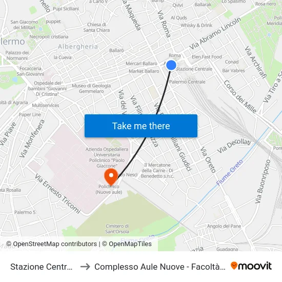 Stazione Centrale Ardizzone to Complesso Aule Nuove - Facoltà Di Medicina E Chirurgia map