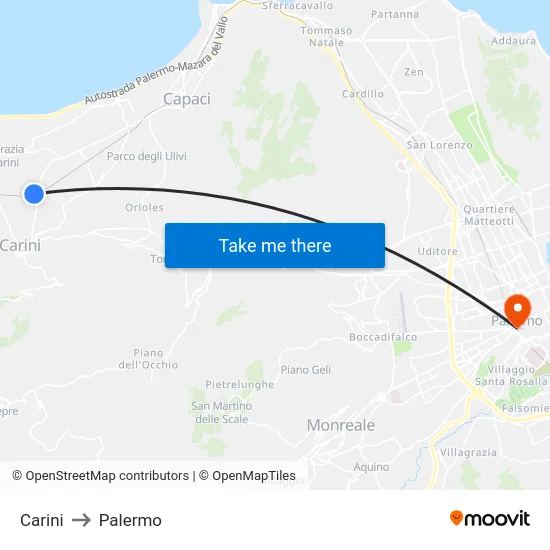 Carini to Palermo map