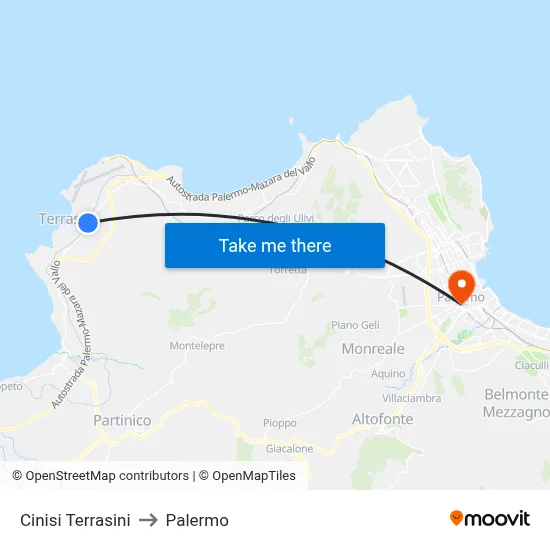 Cinisi Terrasini to Palermo map