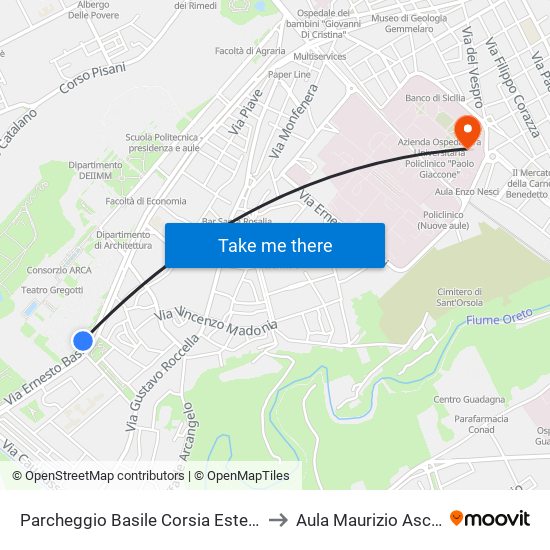 Parcheggio Basile Corsia Esterna to Aula Maurizio Ascoli map