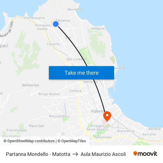 Partanna Mondello - Matotta to Aula Maurizio Ascoli map