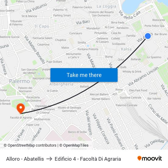 Alloro - Abatellis to Edificio 4 - Facoltà Di Agraria map