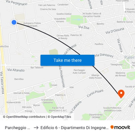 Parcheggio Degli Emiri to Edificio 6 - Dipartimento Di Ingegneria Chimica E Nucleare map