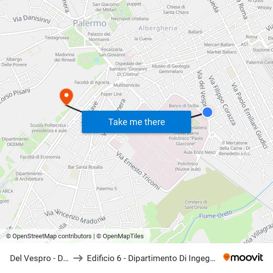 Del Vespro - Delle Cliniche to Edificio 6 - Dipartimento Di Ingegneria Chimica E Nucleare map
