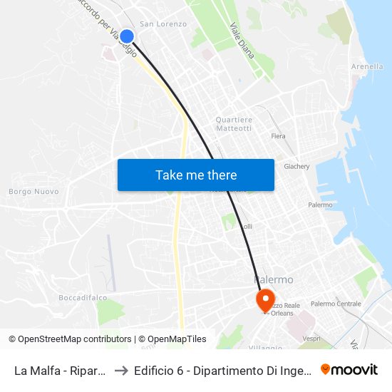 La Malfa - Ripartizione Annona to Edificio 6 - Dipartimento Di Ingegneria Chimica E Nucleare map