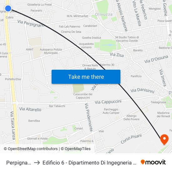 Perpignano Est to Edificio 6 - Dipartimento Di Ingegneria Chimica E Nucleare map