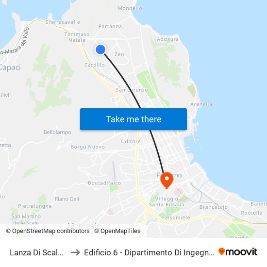 Lanza Di Scalea - Faraone to Edificio 6 - Dipartimento Di Ingegneria Chimica E Nucleare map