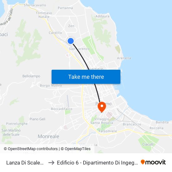 Lanza Di Scalea - Savagnone to Edificio 6 - Dipartimento Di Ingegneria Chimica E Nucleare map