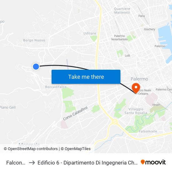 Falconara 1 to Edificio 6 - Dipartimento Di Ingegneria Chimica E Nucleare map