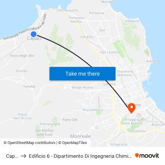 Capaci to Edificio 6 - Dipartimento Di Ingegneria Chimica E Nucleare map