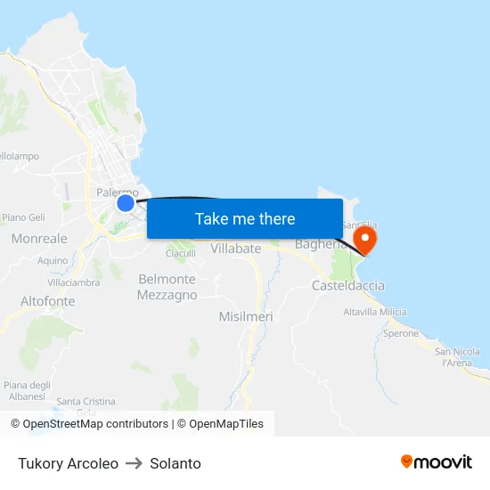 Tukory Arcoleo to Solanto map