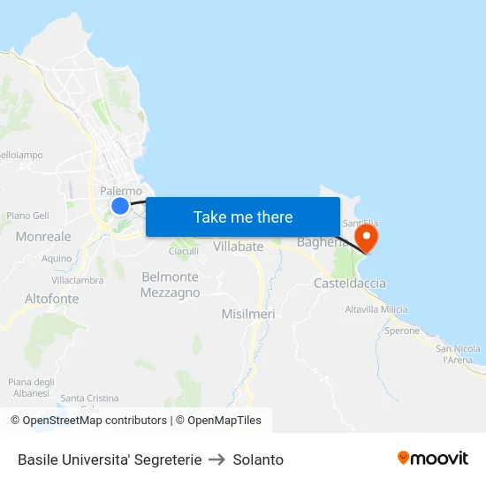 Basile Universita' Segreterie to Solanto map