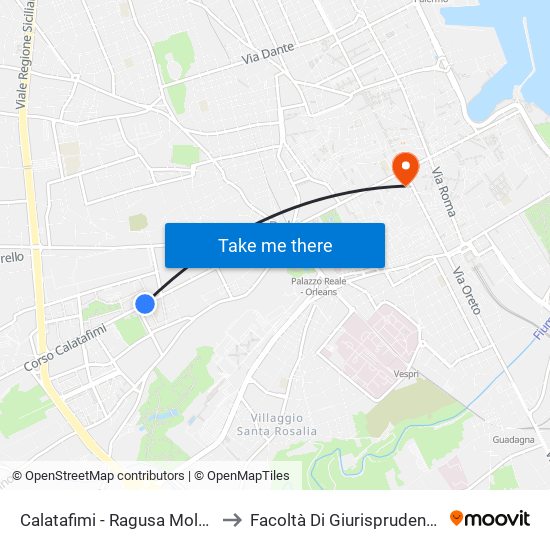 Calatafimi - Ragusa Moleti to Facoltà Di Giurisprudenza map