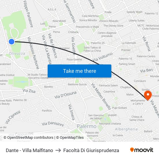 Dante - Villa Malfitano to Facoltà Di Giurisprudenza map