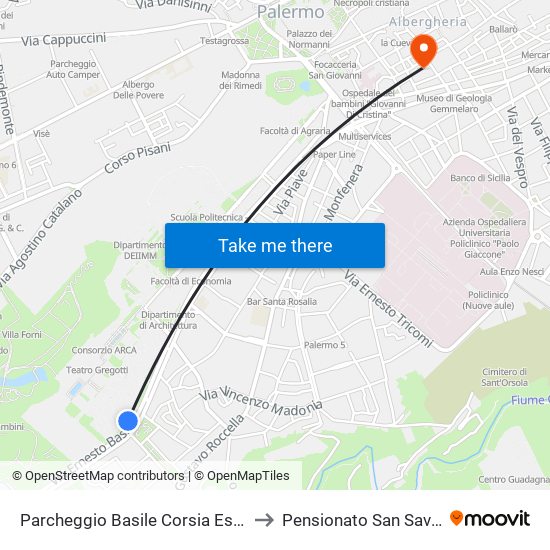 Parcheggio Basile Corsia Esterna to Pensionato San Saverio map