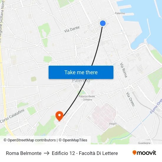 Roma - Belmonte to Edificio 12 - Facoltà Di Lettere map