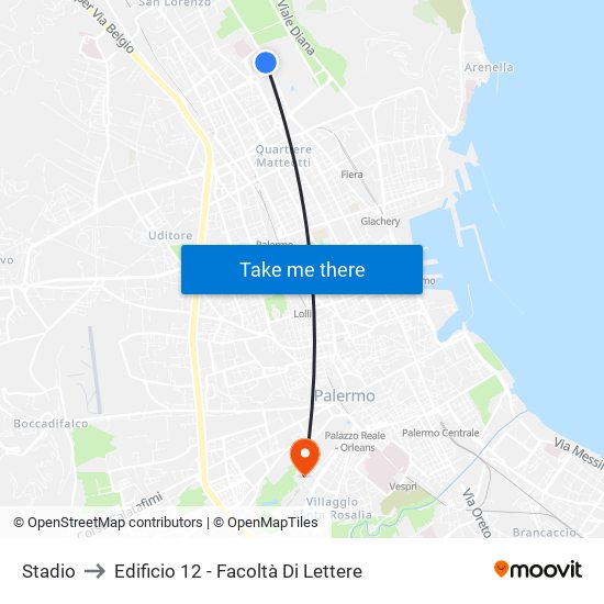 Stadio to Edificio 12 - Facoltà Di Lettere map