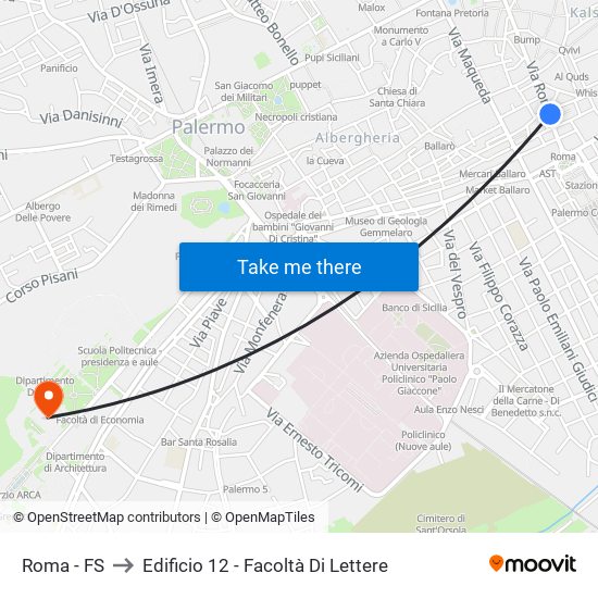 Roma - FS to Edificio 12 - Facoltà Di Lettere map