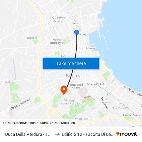 Duca Della Verdura - Toselli to Edificio 12 - Facoltà Di Lettere map