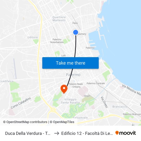 Duca Della Verdura - Toselli to Edificio 12 - Facoltà Di Lettere map