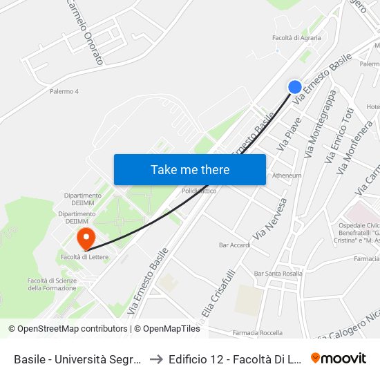 Basile - Università Segreterie to Edificio 12 - Facoltà Di Lettere map