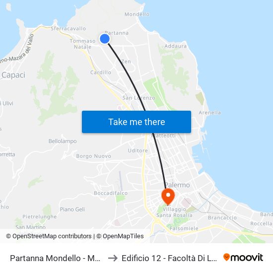 Partanna Mondello - Matotta to Edificio 12 - Facoltà Di Lettere map