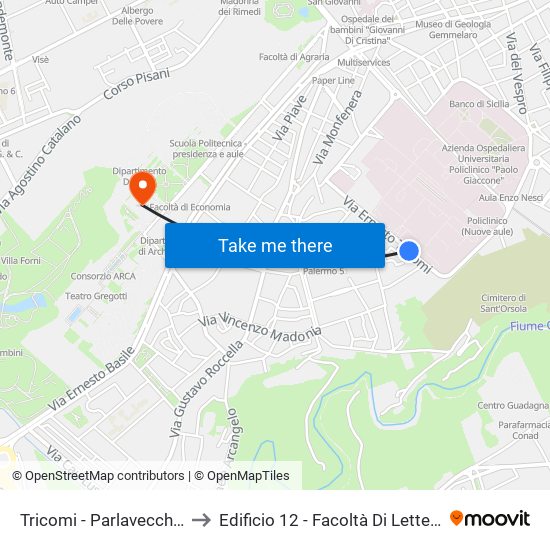 Tricomi - Parlavecchio to Edificio 12 - Facoltà Di Lettere map