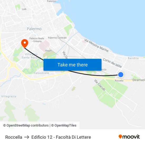 Roccella to Edificio 12 - Facoltà Di Lettere map